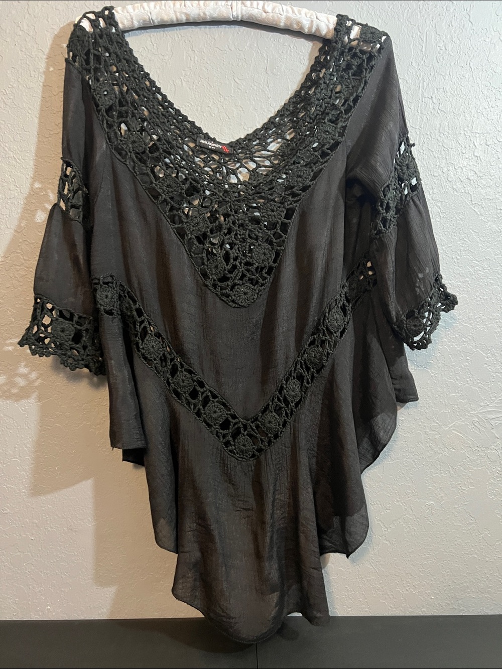 Women's Black Crochet-Detail Boho Tunic Top